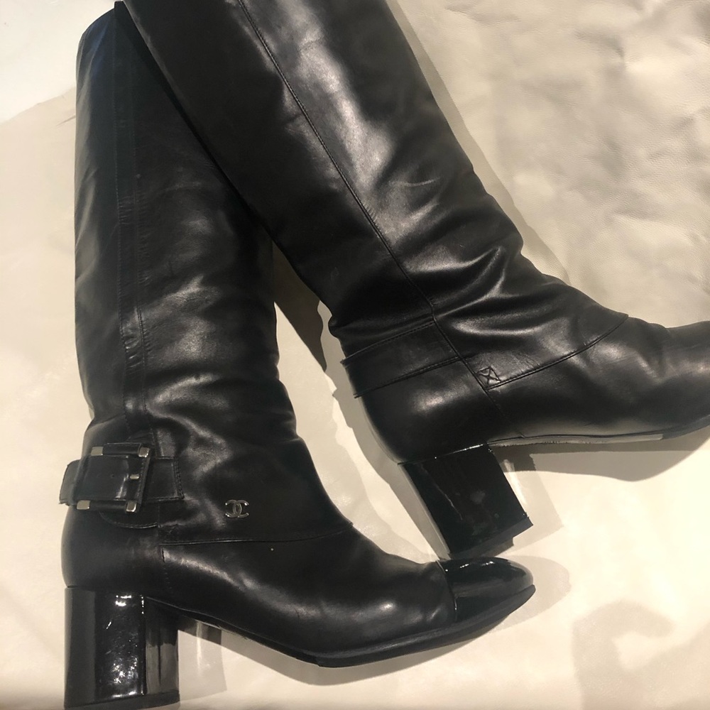 Chanel leather boots black heel logo